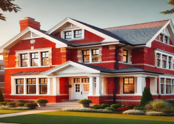 A beautiful red brick house with crisp white trim, large windows, a welcoming front porch, and a well-maintained lawn in a suburban neighborhood with tree-lined streets