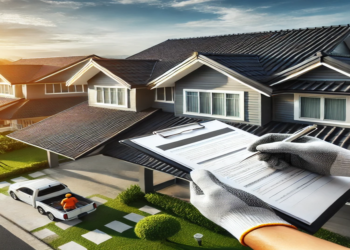 A modern suburban house with a newly installed asphalt shingle roof. A construction worker inspects the roof with a clipboard, symbolizing cost evaluation and replacement planning