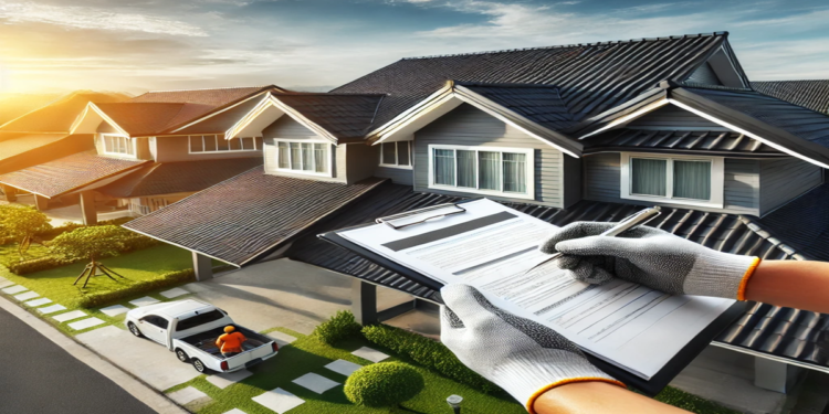 A modern suburban house with a newly installed asphalt shingle roof. A construction worker inspects the roof with a clipboard, symbolizing cost evaluation and replacement planning