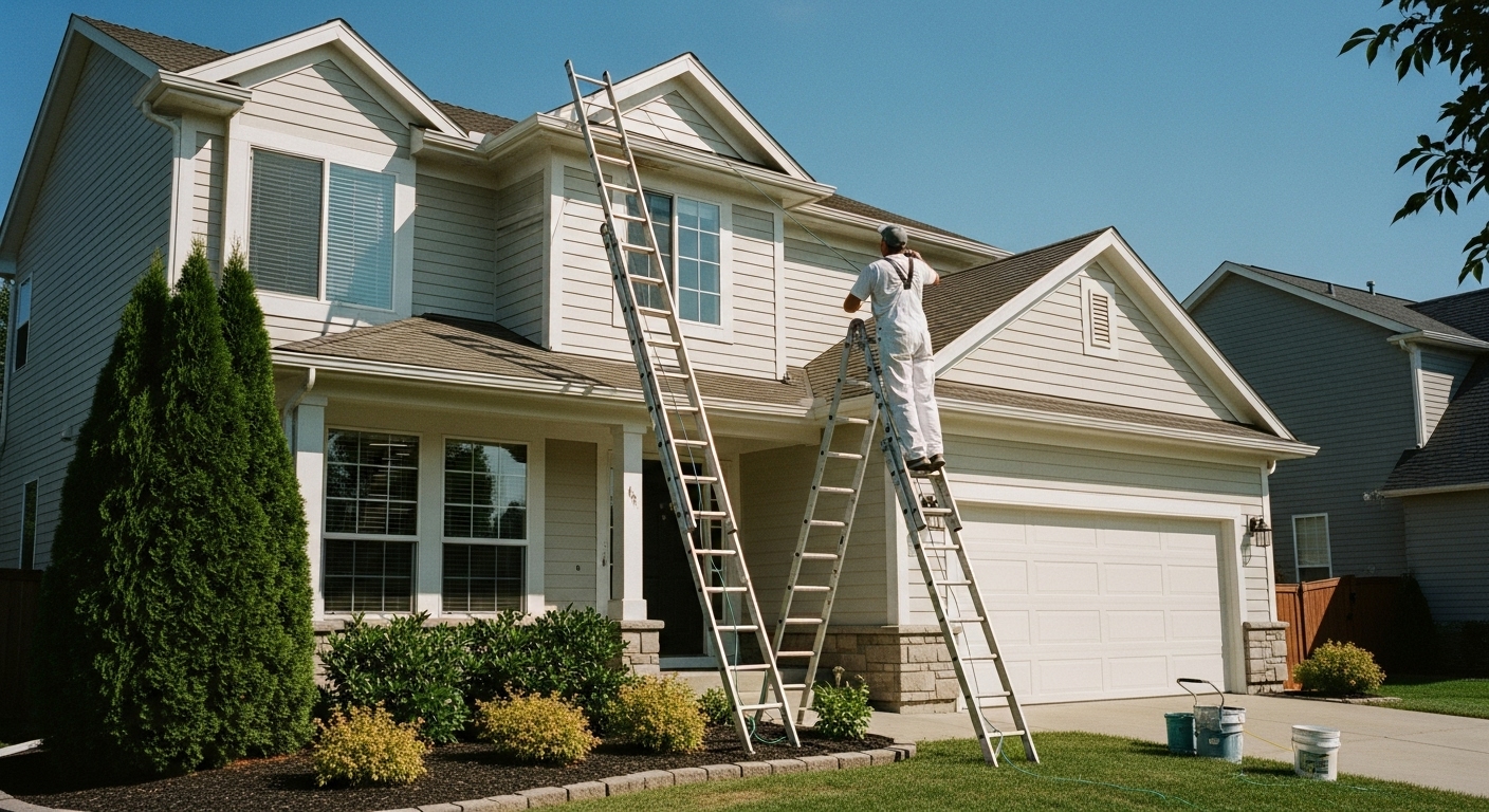 Professional painter using ladder and sprayer to paint the siding of a two-story house, illustrating cost factors like labor, accessibility, and house size