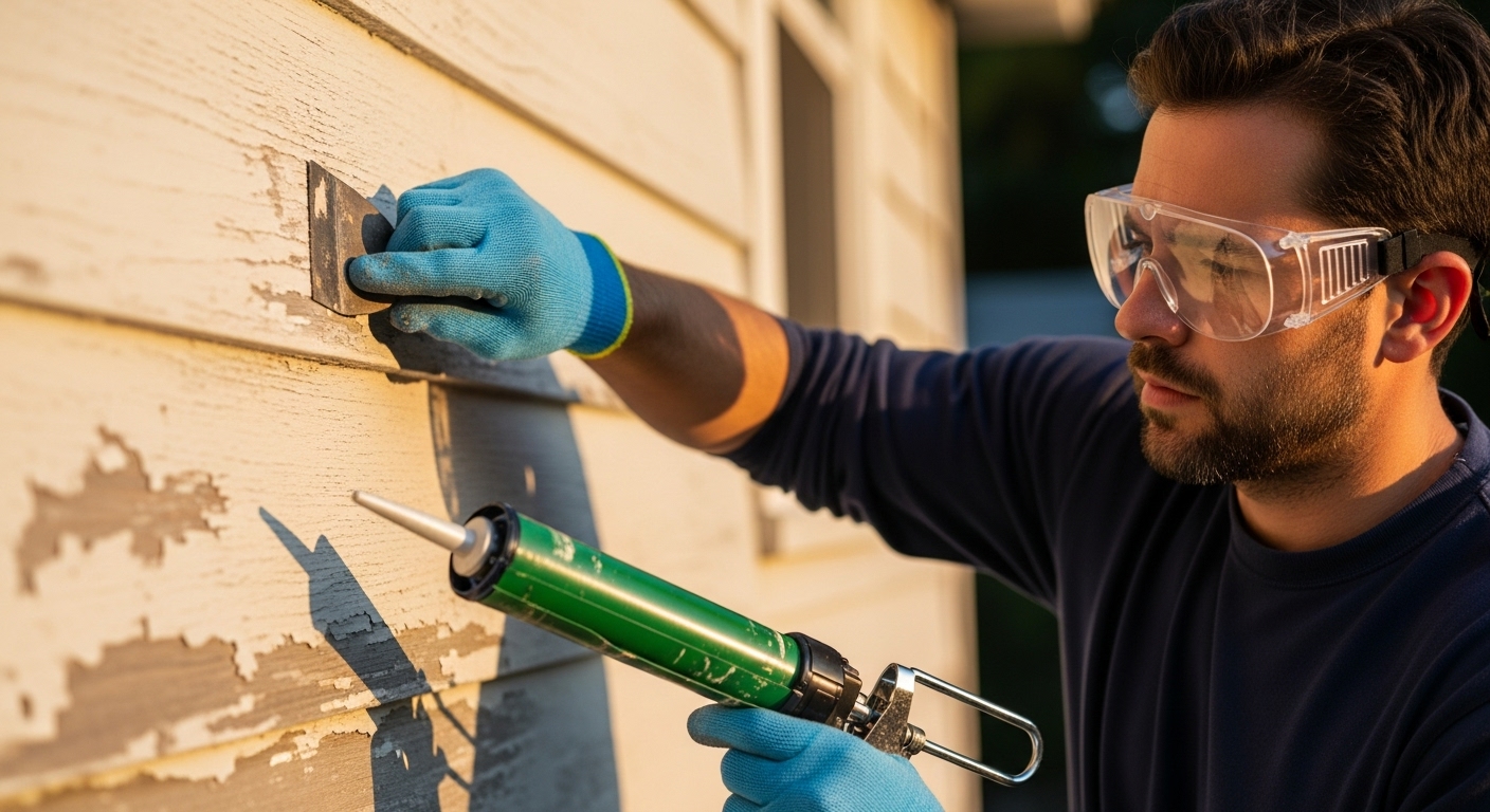 Close-up of a contractor scraping peeling paint and caulking window trim as part of exterior house prep before painting