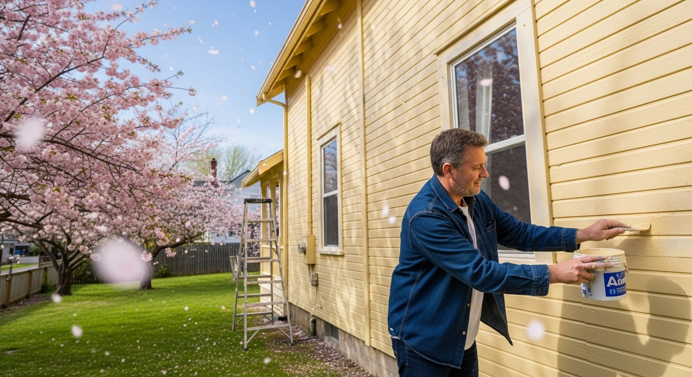 A painter working during early spring with budding trees, showing ideal weather for house painting in off-peak seasons