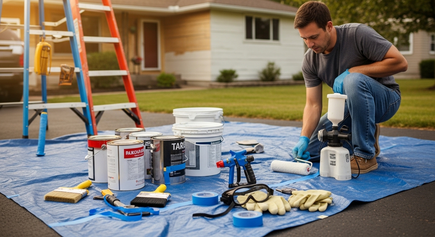 A homeowner preparing to paint their house with DIY tools including paint cans, rollers, brushes, ladders, and safety gear spread on a tarp in the driveway