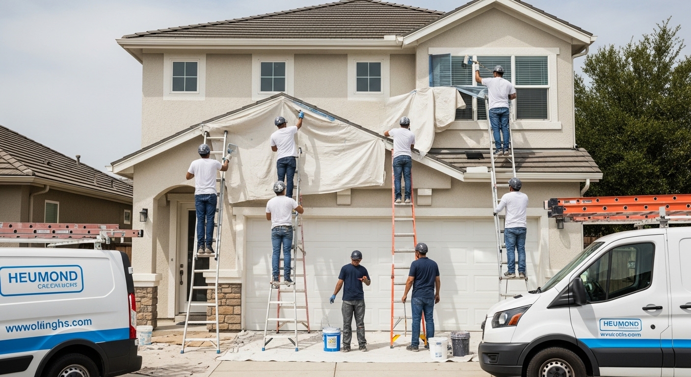 Team of professional painters painting the exterior of a house using ladders and sprayers, wearing uniforms and safety gear