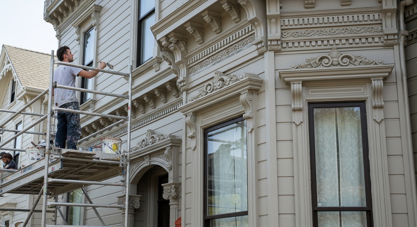 Close-up of a home’s ornate trim and hard-to-reach upper windows requiring scaffolding, emphasizing complex painting requirements