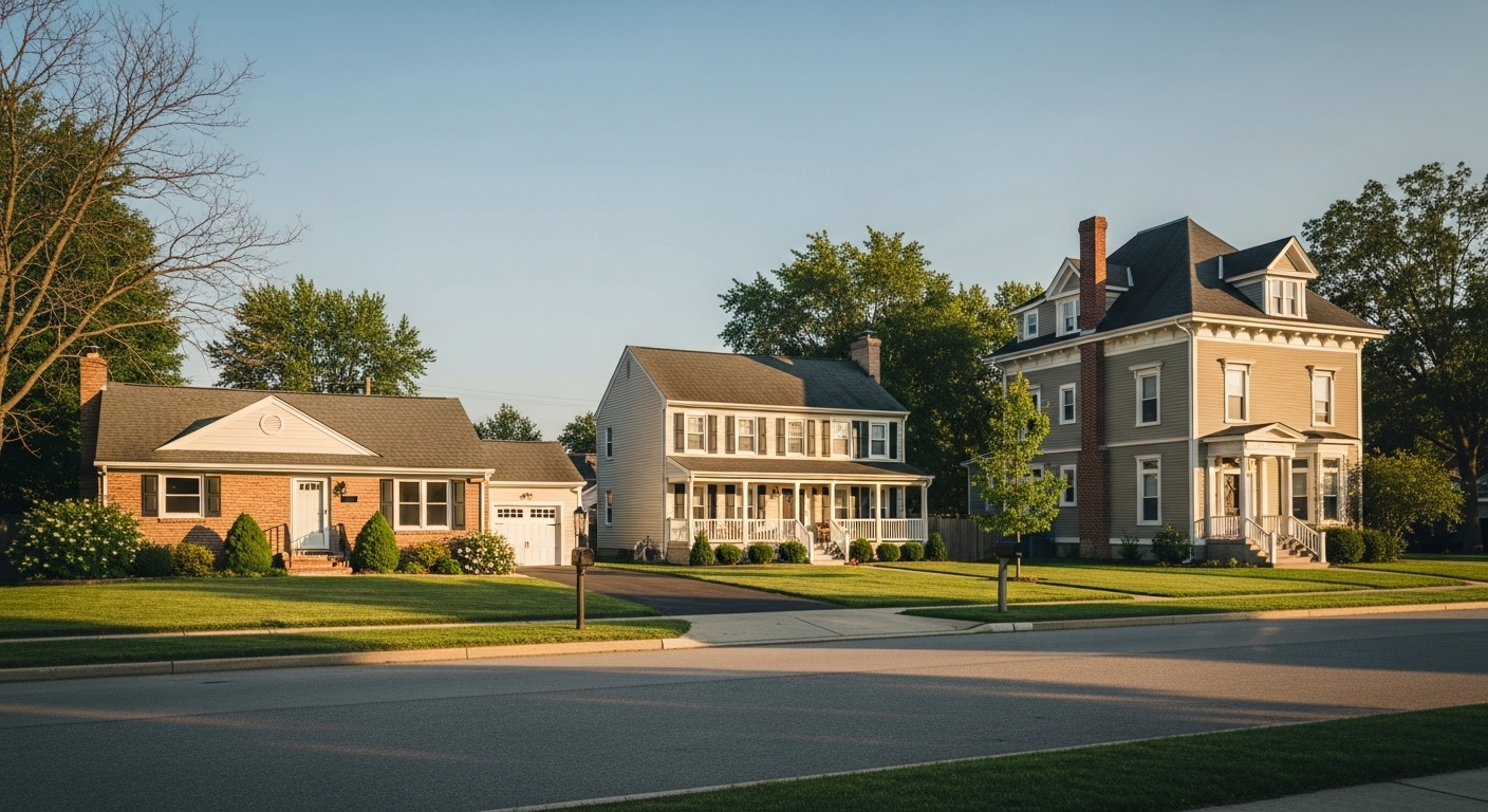 A row of homes showing a one-story, two-story, and three-story layout side by side, demonstrating how house height and size impact painting cost per square foot