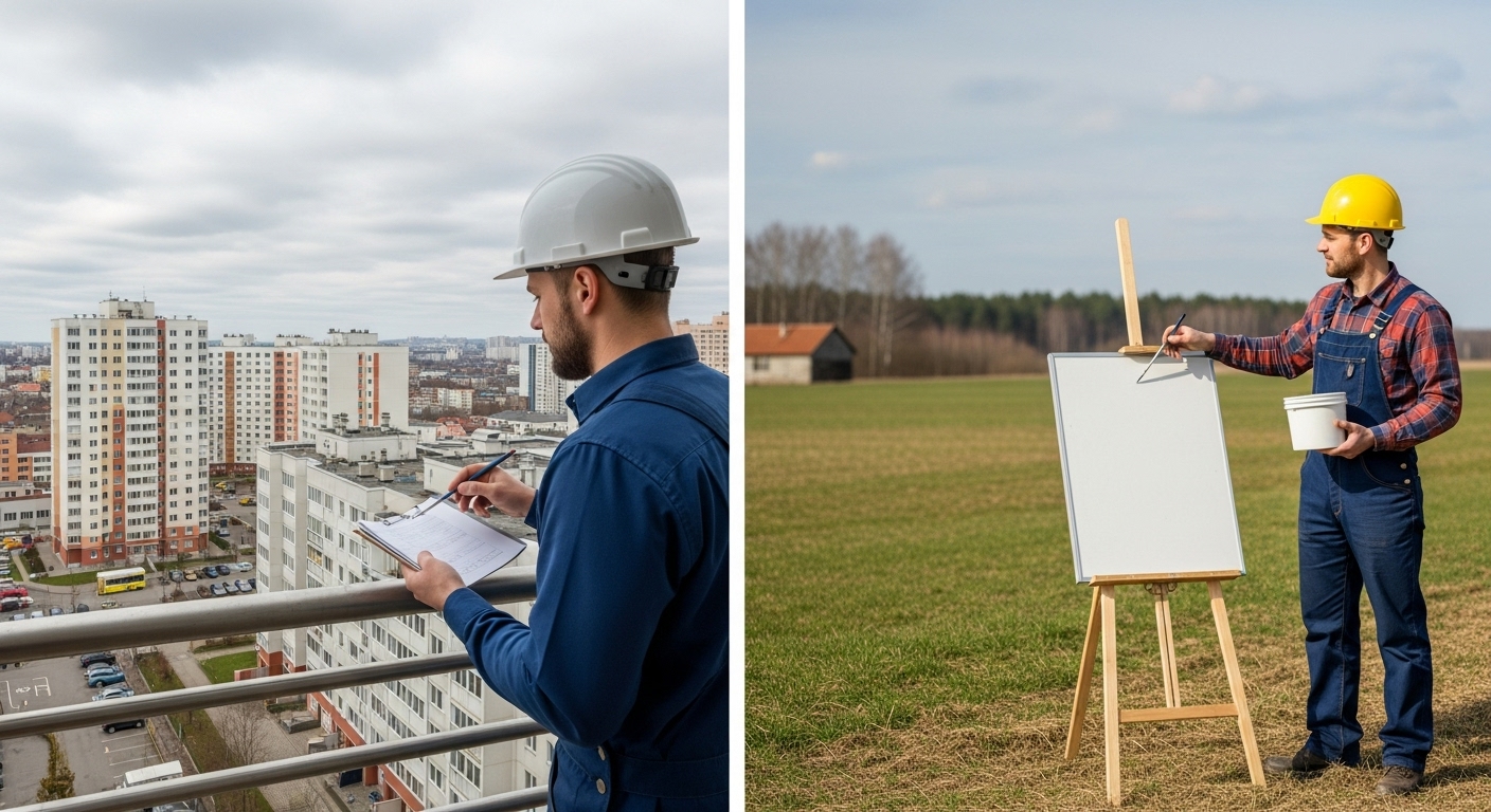 Painting contractor quoting house painting costs using a tablet in a high-end urban area versus a rural neighborhood