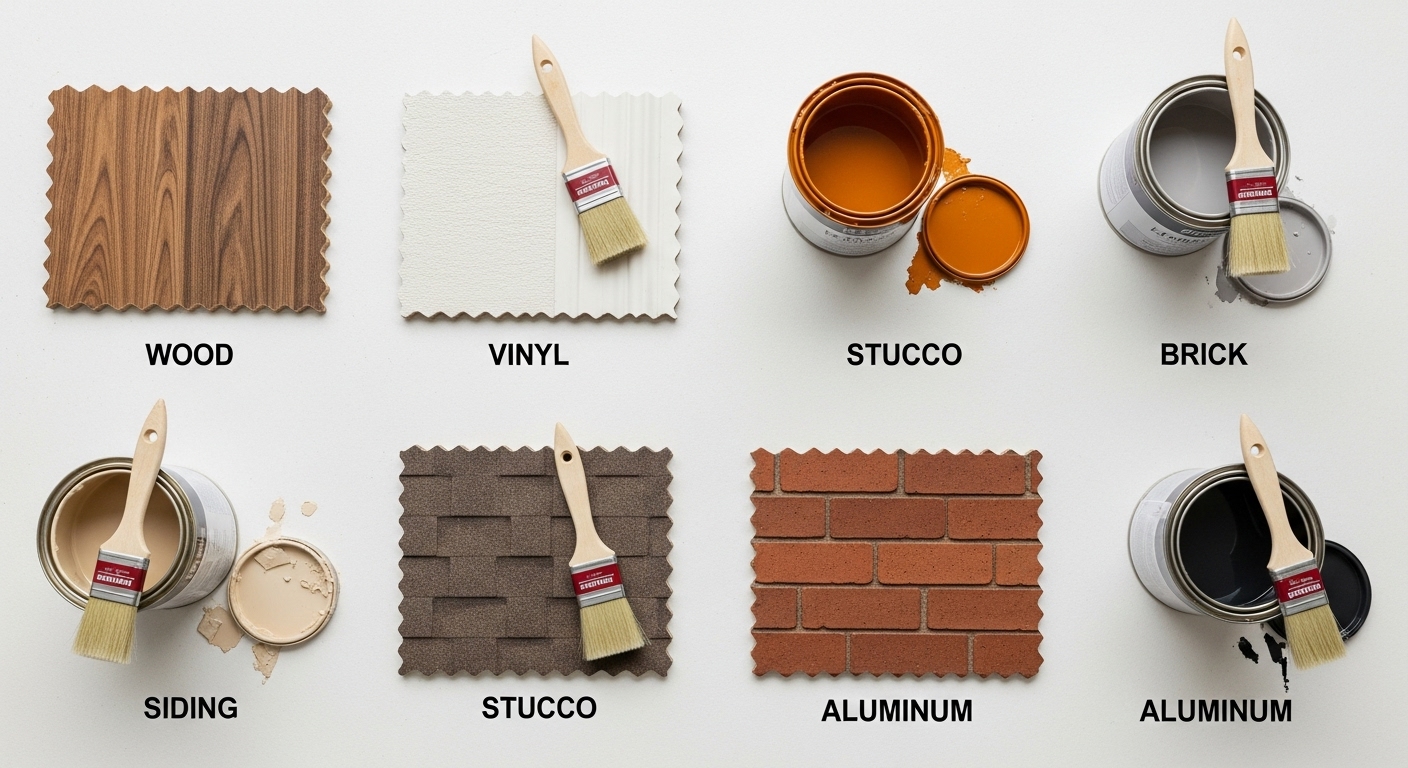 A lineup of house siding samples including wood, vinyl, stucco, brick, and metal with corresponding paint cans underneath