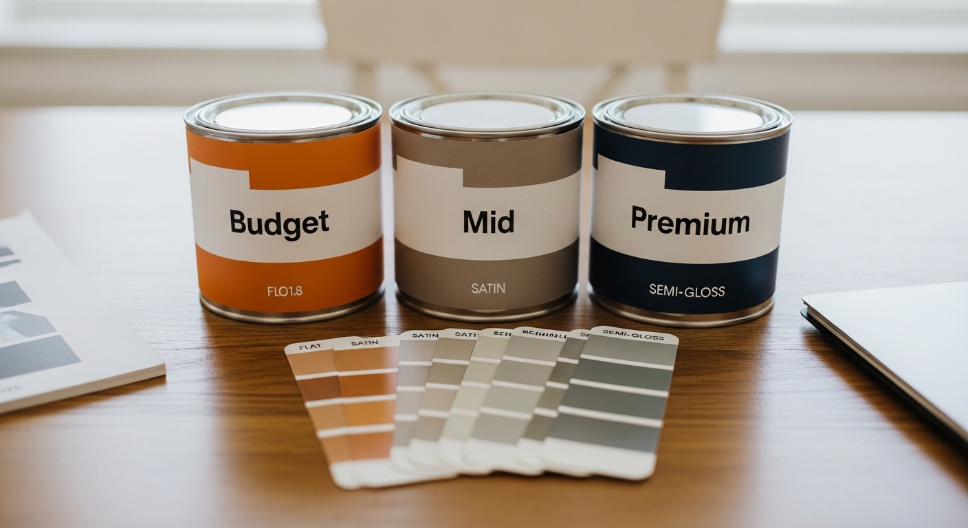 Multiple paint cans labeled as budget, mid-range, and premium, along with swatches showing different finishes from flat to gloss