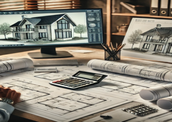 A professional architect reviewing house blueprints and cost estimates, planning a new home construction project.