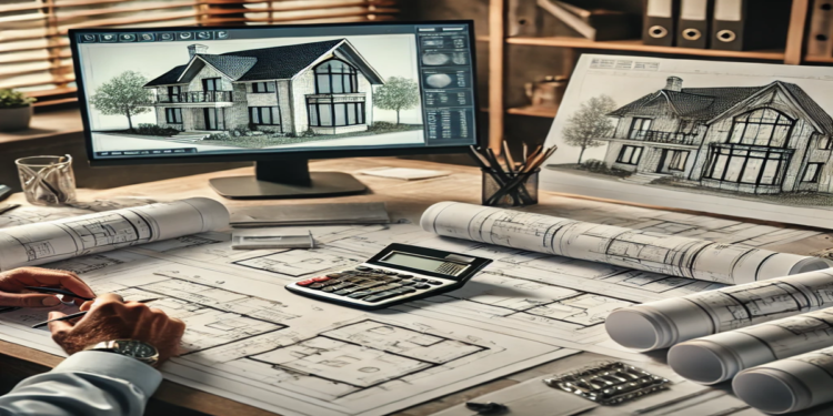A professional architect reviewing house blueprints and cost estimates, planning a new home construction project.