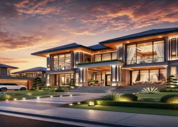 A stunning luxury mansion featuring a grand entrance, large glass windows, and lush landscaping. The house blends stone, wood, and glass materials, illuminated by warm lighting under a beautiful sunset sky