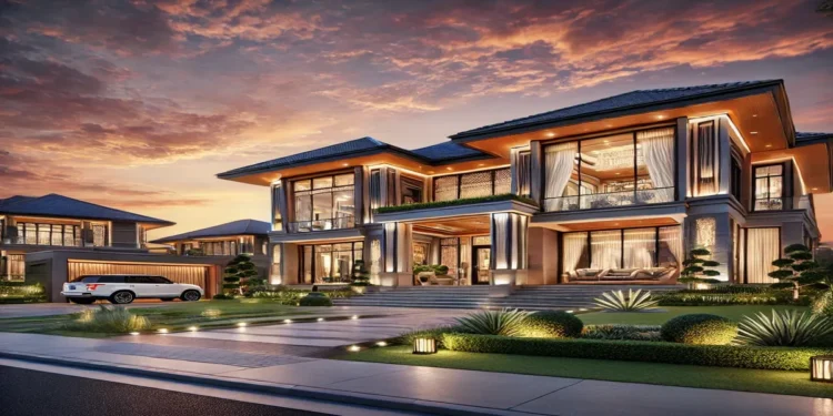 A stunning luxury mansion featuring a grand entrance, large glass windows, and lush landscaping. The house blends stone, wood, and glass materials, illuminated by warm lighting under a beautiful sunset sky