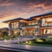 A stunning luxury mansion featuring a grand entrance, large glass windows, and lush landscaping. The house blends stone, wood, and glass materials, illuminated by warm lighting under a beautiful sunset sky