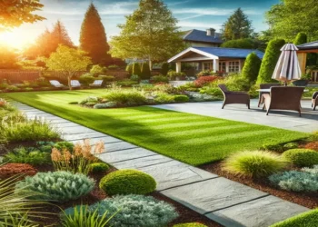 A professionally landscaped backyard featuring a lush green lawn, a stone walkway, a small patio with outdoor furniture, and various plants and flowers under a bright sunny sky.