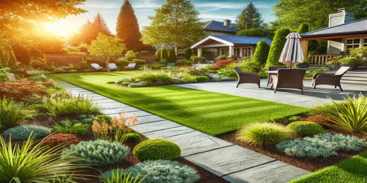 A professionally landscaped backyard featuring a lush green lawn, a stone walkway, a small patio with outdoor furniture, and various plants and flowers under a bright sunny sky.