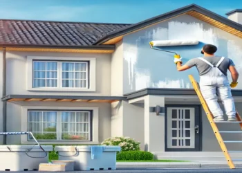 A professional painter using a roller to apply fresh paint to the exterior of a modern suburban house. Ladders and painting equipment are present, with a cost estimate chart subtly visible in the scene