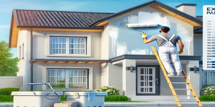 A professional painter using a roller to apply fresh paint to the exterior of a modern suburban house. Ladders and painting equipment are present, with a cost estimate chart subtly visible in the scene