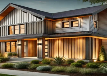 A modern home with a board and batten exterior, complemented by lush landscaping and warm exterior lighting, blending rustic charm with contemporary elegance.