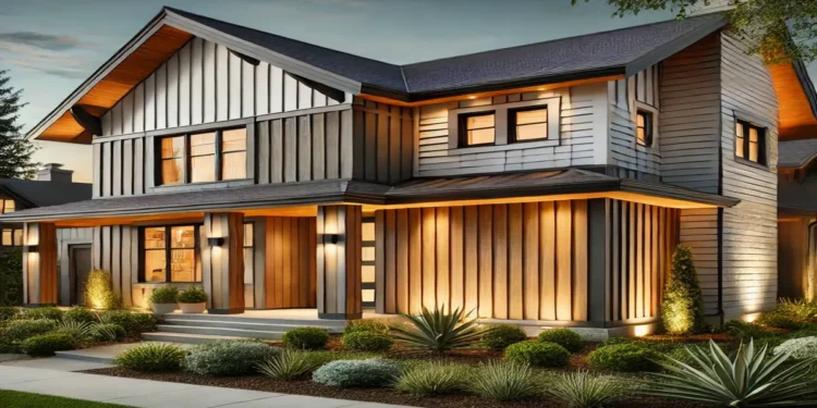 A modern home with a board and batten exterior, complemented by lush landscaping and warm exterior lighting, blending rustic charm with contemporary elegance.