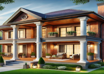 Brick house with a modern wrap-around porch, stylish columns, outdoor furniture, and lush greenery, perfect for exterior makeover ideas.