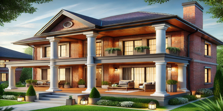 Brick house with a modern wrap-around porch, stylish columns, outdoor furniture, and lush greenery, perfect for exterior makeover ideas.