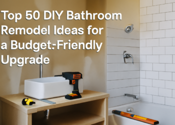 A partially renovated bathroom with white subway tiles, modern fixtures, and tools scattered on the floor, showcasing a budget-friendly DIY bathroom remodel.