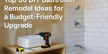 A partially renovated bathroom with white subway tiles, modern fixtures, and tools scattered on the floor, showcasing a budget-friendly DIY bathroom remodel.