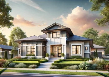 A modern ranch-style house featuring soft gray, taupe, and white accents, surrounded by greenery and a clear blue sky, showcasing a timeless and inviting exterior