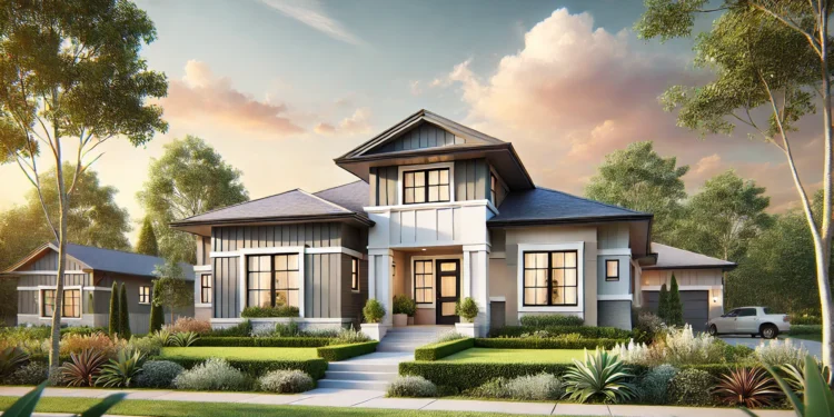 A modern ranch-style house featuring soft gray, taupe, and white accents, surrounded by greenery and a clear blue sky, showcasing a timeless and inviting exterior