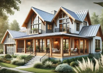 A modern farmhouse exterior with large windows, a wrap-around porch, natural wood accents, and metal roof accents, blending rustic and contemporary styles