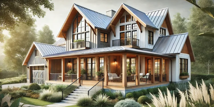A modern farmhouse exterior with large windows, a wrap-around porch, natural wood accents, and metal roof accents, blending rustic and contemporary styles
