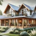 A modern farmhouse exterior with large windows, a wrap-around porch, natural wood accents, and metal roof accents, blending rustic and contemporary styles