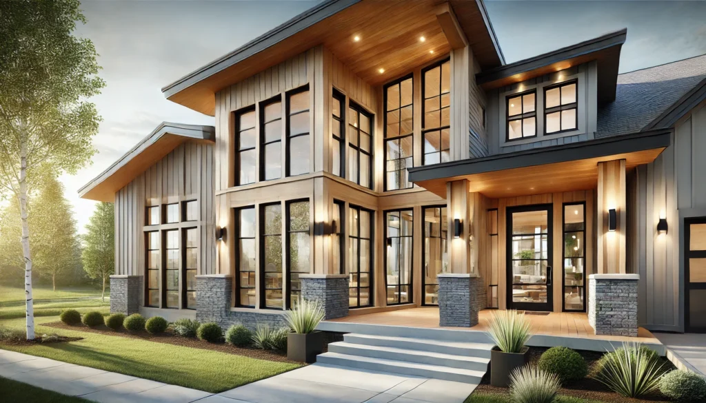 A modern farmhouse exterior featuring large windows that allow natural light to flood the home, creating a bright and airy atmosphere.