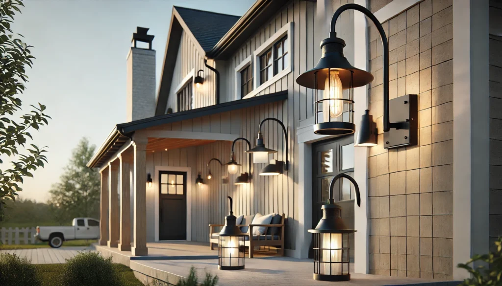 A modern farmhouse exterior with gooseneck barn lights and sleek lantern sconces, blending rustic and modern lighting styles to create an inviting atmosphere