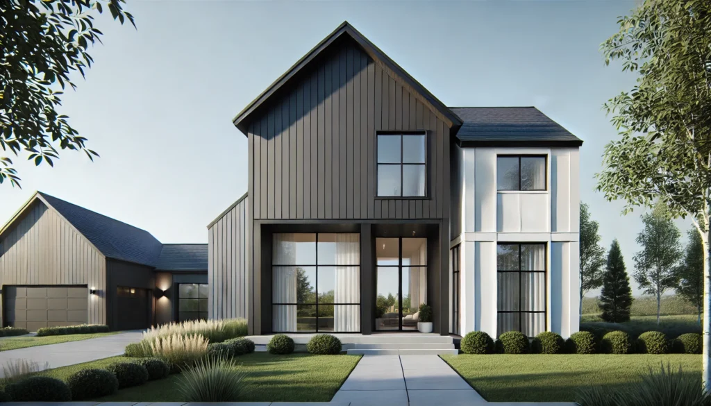 A modern farmhouse exterior featuring a minimalist color palette of black, gray, and white, highlighting the elegance of clean lines and architectural elements