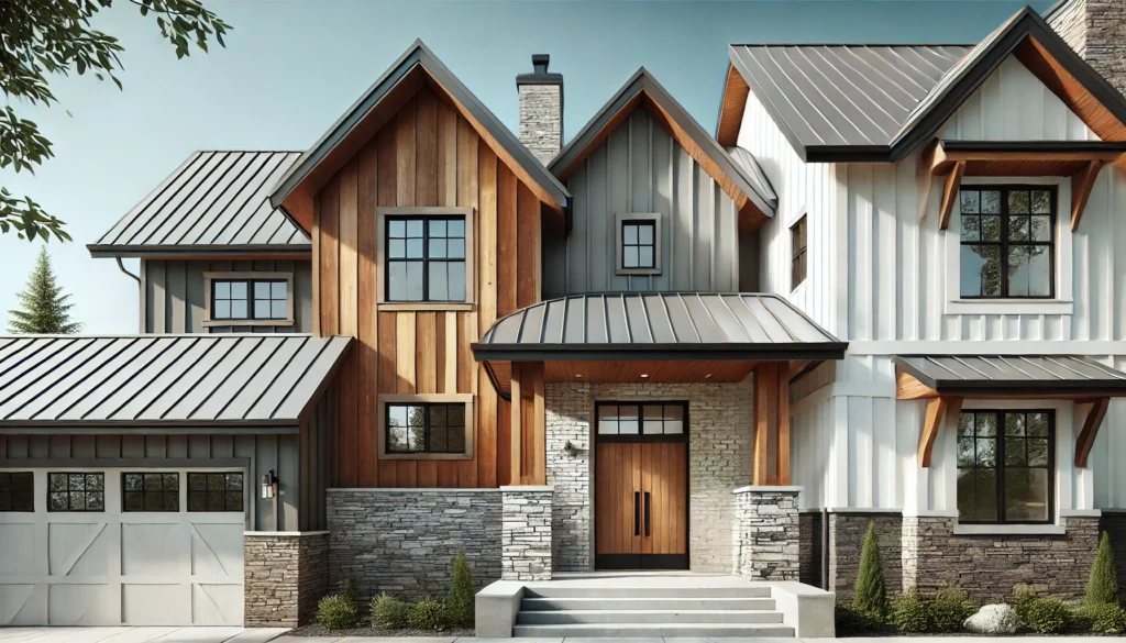 A modern farmhouse exterior showcasing mixed materials such as wood siding, metal roofing, stone accents, and board and batten siding, creating a visually engaging design