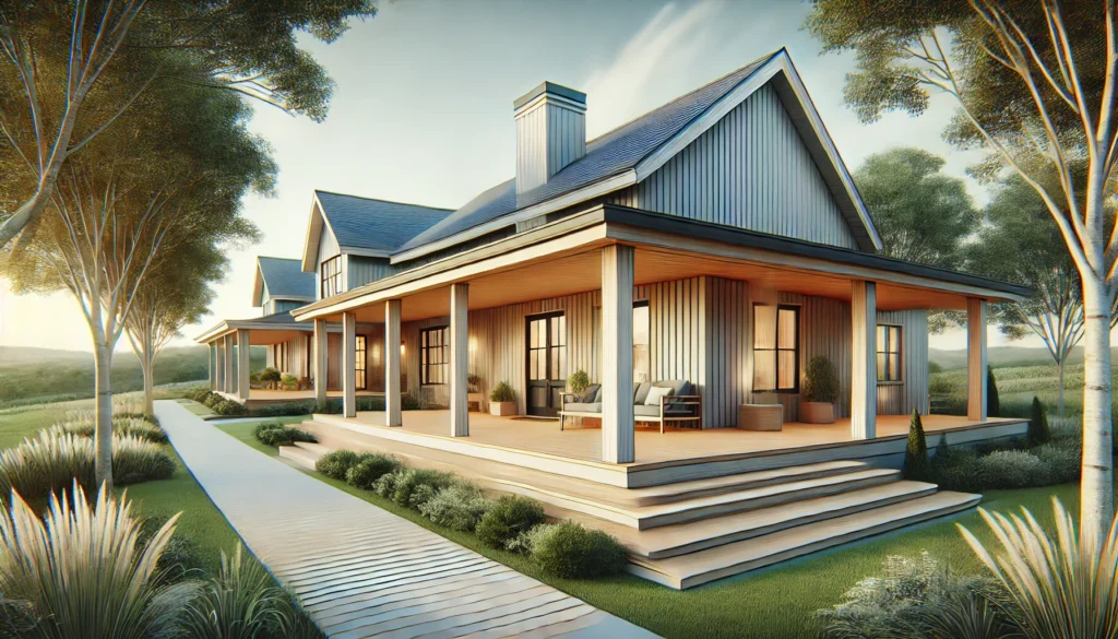 A modern farmhouse exterior featuring a wrap-around porch that provides shelter and a welcoming atmosphere for all weather conditions