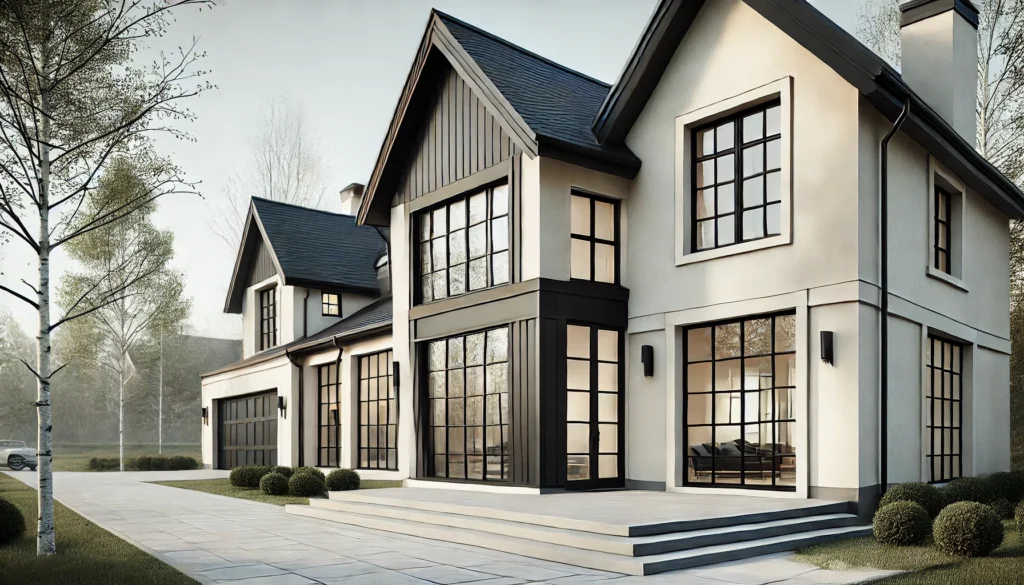 A modern farmhouse exterior with black-framed windows, offering a stylish and contemporary touch to the home