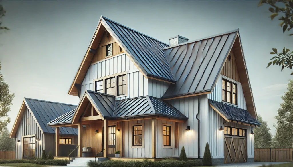 A modern farmhouse exterior with metal roof accents, combining sleek design with traditional farmhouse architecture