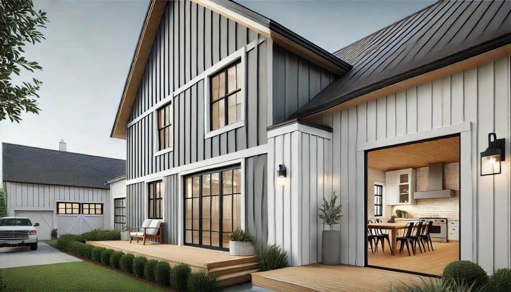 A modern farmhouse exterior featuring board and batten siding, made from durable vinyl for a contemporary, low-maintenance look