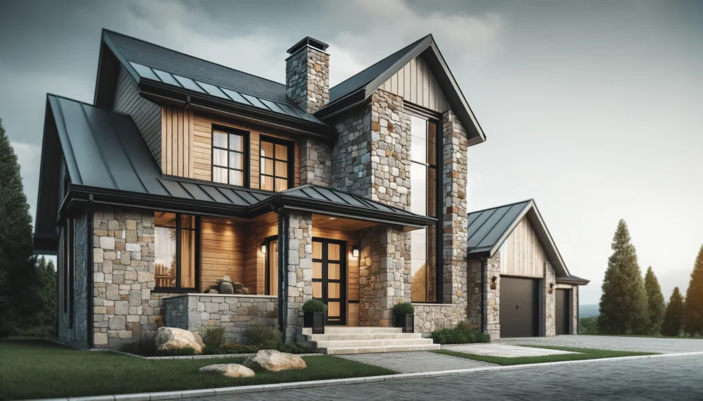 A modern farmhouse exterior with natural stone accents around the foundation, chimneys, and entrance, blending rustic charm with sleek modern elements