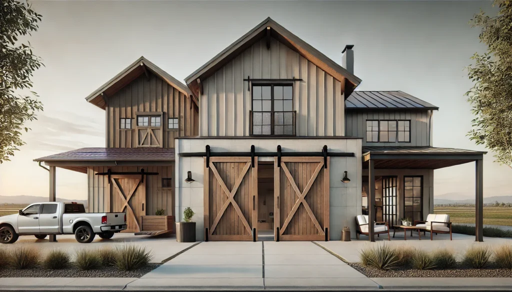 A modern farmhouse exterior featuring sliding barn doors, creating an industrial-chic look with a rustic touch