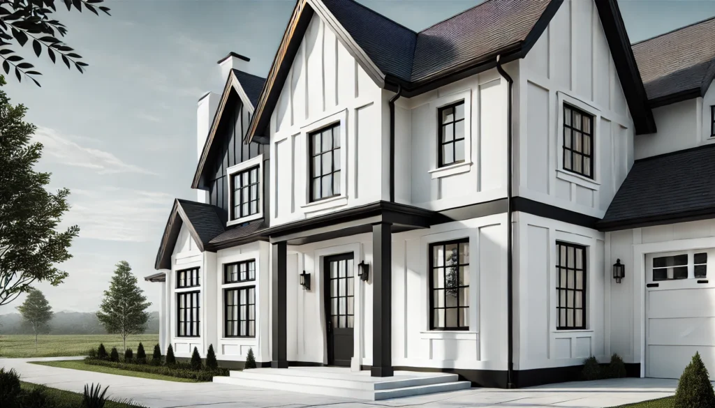 A modern farmhouse exterior featuring a sleek, matte white finish with black trim and accents, creating a sophisticated and timeless design