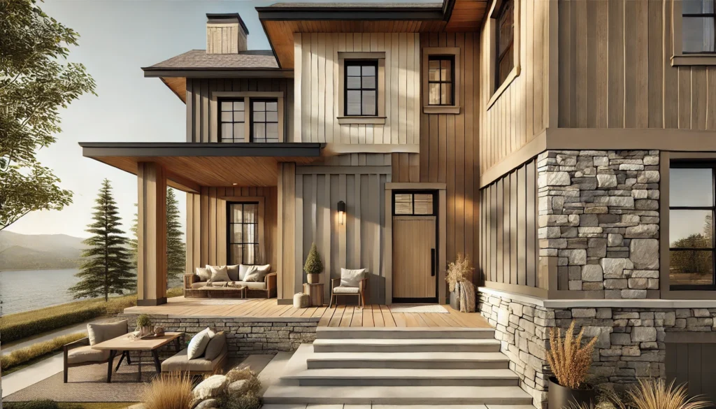 A modern farmhouse exterior featuring warm neutrals like beige, gray, and taupe, complemented by wood cladding and stone facades, creating a cozy and inviting ambiance