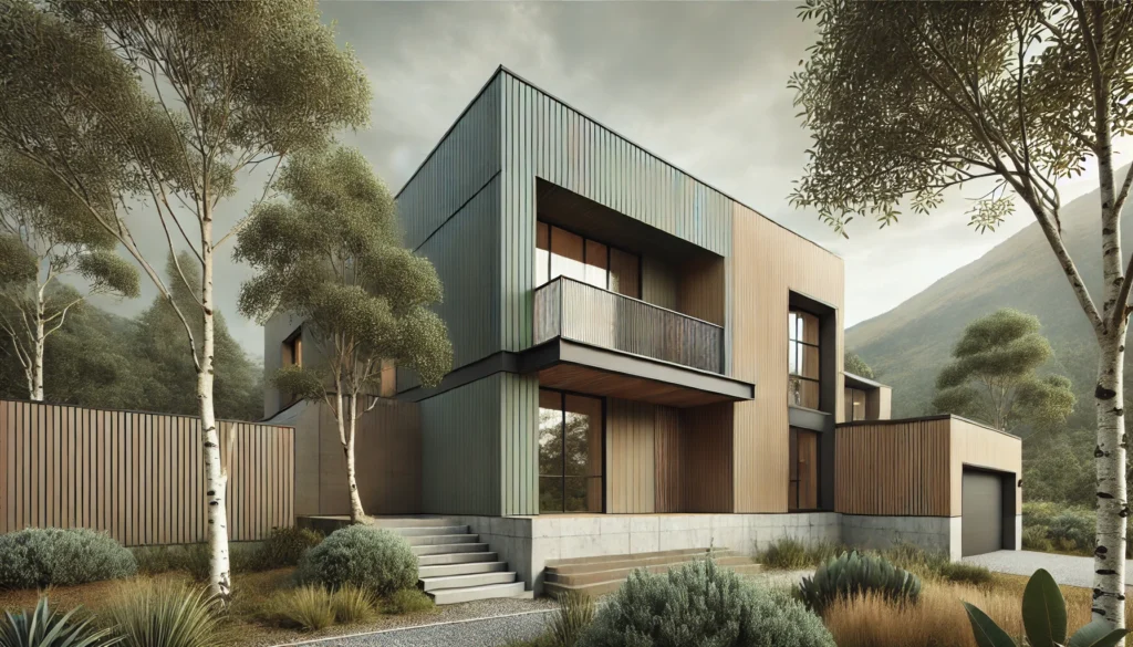 A modern farmhouse exterior featuring muted earth tones such as olive greens, blues, and browns, blending harmoniously with the surrounding landscape