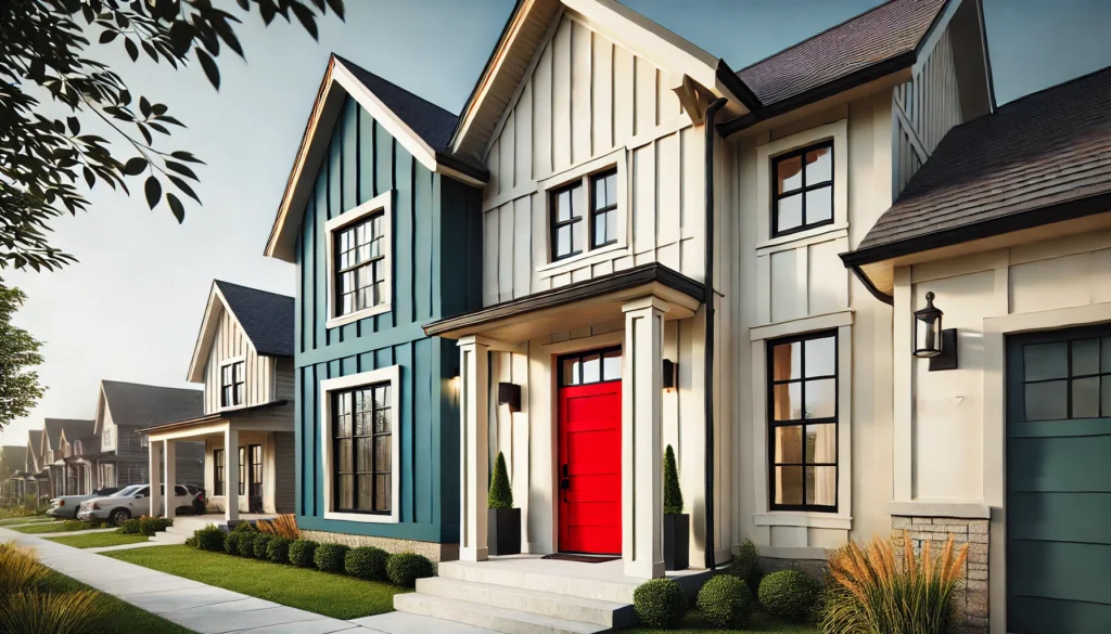 A modern farmhouse exterior with bold accent colors like red, navy, or emerald on doors and shutters, contrasting beautifully against a neutral facade