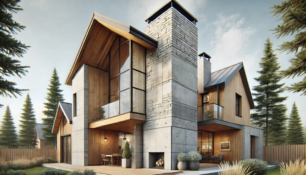 a modern farmhouse exterior blending traditional materials like wood and stone with contemporary materials like metal and glass, including a concrete chimney with modern varnish