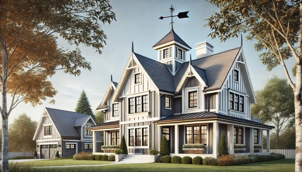 a modern farmhouse exterior with updated traditional features like a minimal weather vane and contemporary dormers, creating a sleek and stylish look