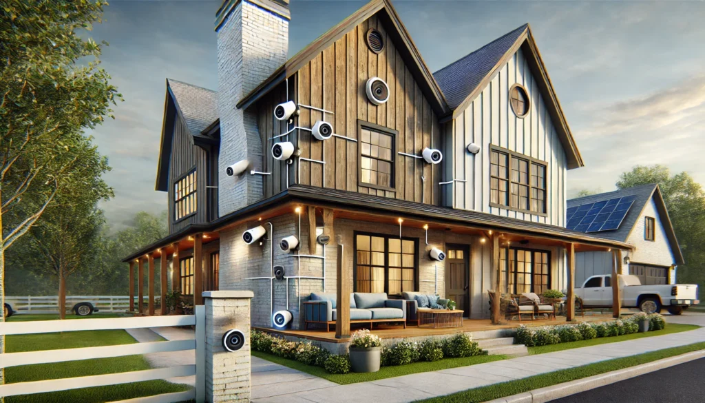 how modern farmhouse exteriors can integrate technology like hidden speakers, smart lighting, and security cameras while maintaining a rustic charm